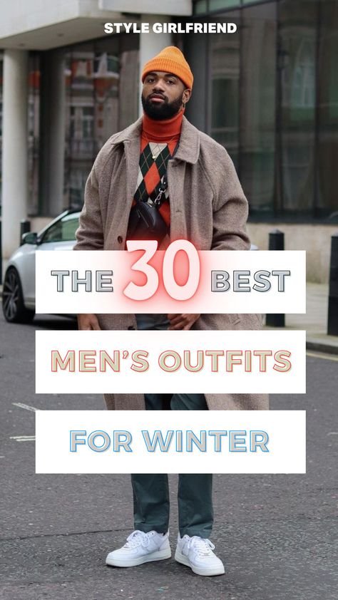 headline: the 30 best men's outfits for winter, image: man in topcoat, beanie, and argyle sweater Men’s Winter Outfits Streetwear, Men’s Black Sweater Outfit, Winter 2024 Mens Fashion Trends, Mens Fall Winter Outfits, Men’s Street Style Winter 2024, Winter City Outfits Men, Men’s Street Style Winter, Men’s Black Turtleneck Outfit, Mens Athleisure Outfits Winter