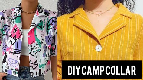 Learn how to cut and sew a camp collar crop shirt Cropped Shirt Pattern, Camp Shirt Pattern, Crop Shirt Pattern, Collar Shirts Women, Collard Shirt, Cropped Button Down, Collars Diy, Shirt Sewing Pattern, Shirt Template