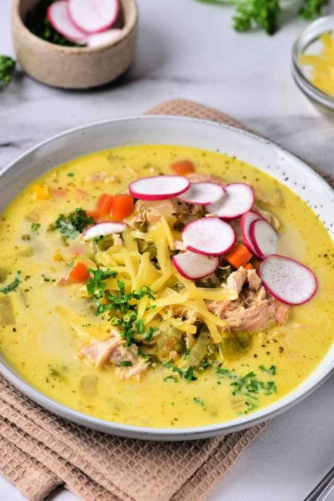 Creamy poblano soup on the stove or pressure cooker turns out delicious! Low carb leftover chicken soup recipe made mild or spicy. Leftover Chicken Soup, Chicken Poblano Soup, Soup On The Stove, Poblano Soup, Poblano Peppers Recipes, Flexitarian Recipes, Poblano Pepper, Pepper Recipe, Chicken Soup Recipe