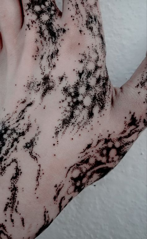 Black Markings On Skin, Tattoos That Look Like Scars, Face Scar Tattoo, Rotting Tattoo, Fantasy Hand Tattoo, Textured Tattoos, Shatter Tattoo, Ink Blot Tattoo, White Hand Tattoo