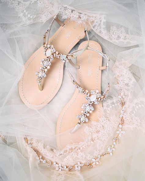 Sweet and Stylish Flat Wedding Shoes | Sandal bridal shoes | diamante flat wedding shoes #weddingshoes #sandals #simpleweddingshoes #flatweddingshoes #flatbridalshoes Bridesmaids Sandals, Gold Dress Sandals, Dressy Flat Sandals, Wedding Sandals For Bride, Bridesmaid Sandals, Beach Wedding Sandals, Beach Wedding Shoes, Boho Jewels, Chic Vintage Brides