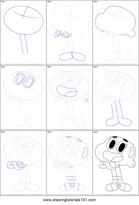 How to Draw Darwin Watterson from The Amazing World of Gumball Printable Drawing Sheet by DrawingTutorials101.com Gumball Drawing Easy, The Amazing World Of Gumball Sketches, How To Draw Cartoon Network Characters, Amazing World Of Gumball Sketch, The Amazing World Of Gumball Drawing, How To Draw Gumball, Gumball And Darwin Drawing, Amazing World Of Gumball Drawings, Drawing Gumball