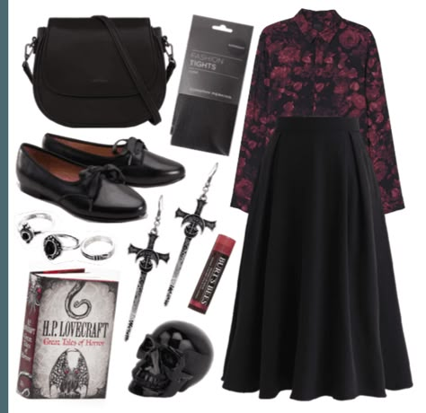 Witchy Clothes Aesthetic Modern, Witchy Vampire Outfits, Grunge Vampire Aesthetic Outfit, Vampire Goth Casual, Goth Polyvore, Red Vampire Outfit Aesthetic, Obscure Fashion, Vestidos Goth, Dark Cottagecore Outfits