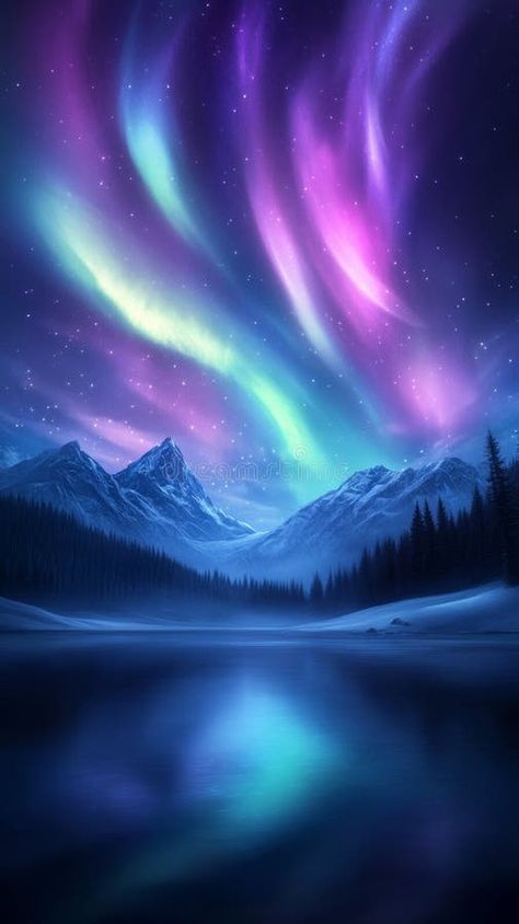 Winter solstice night sky filled with aurora borealis over snow-covered landscape royalty free stock images Aurora Borealis Character Design, Aurora Borealis Aesthetic, Vector Mountain, The Aurora Borealis, Aurora Borealis Northern Lights, Snowy Landscape, Dreamy Landscapes, Night Landscape, Winter Painting