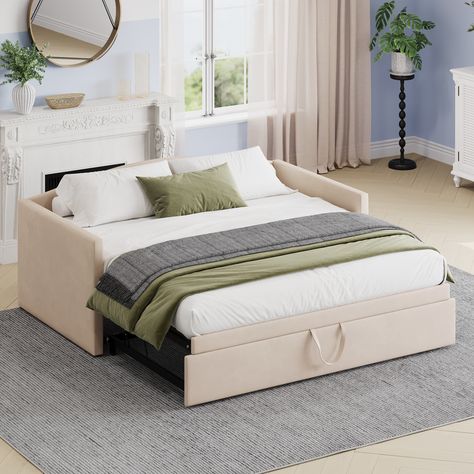 Twin Bed That Turns Into King, Trundle Bedroom Ideas, Twin To King Daybed, Queen Trundle Bed, Adaptable Furniture, Pop Up Trundle Bed, Primary Bed, Pop Up Trundle, Twin Size Daybed