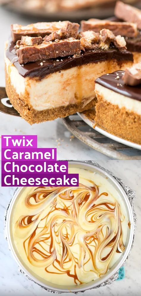 Desserts With Chocolate And Caramel, Caramel Chocolate Cheesecake Recipes, Candy Cheesecake Recipes, Candy Bar Cheesecake Recipes, Chocolate Caramel Cheesecake Recipe, Little Debbie Cheesecake, Fall Cheesecakes, Candy Bar Cheesecake, Caramel Swirl Cheesecake