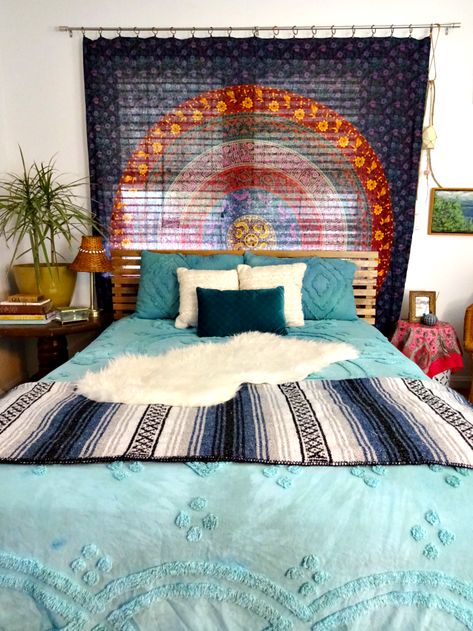 My Budget Boho Window Curtains - A Designer At Home Curtain Ideas For Bedroom Window, Boho Bedroom Curtains, Curtain Ideas For Bedroom, Tapestry Headboard, Bohemian Bedroom Ideas, Diy Home Updates, Bedroom Curtain Ideas, Tapestry Curtains, Home Decoration Diy