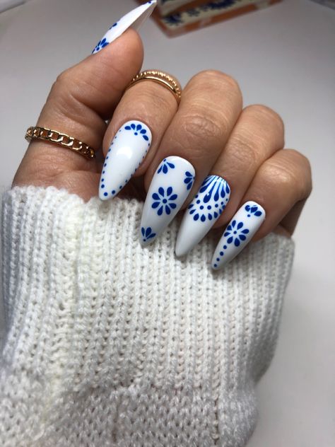 Mexican Manicure, Blue Tile Nail Art, Mexican Inspired Nail Art, Blue Talavera Nails, Short Mexican Nails, Mexican Print Nails, Tequila Bottle Nails, Mexican Embroidery Nails, Greek Themed Nails