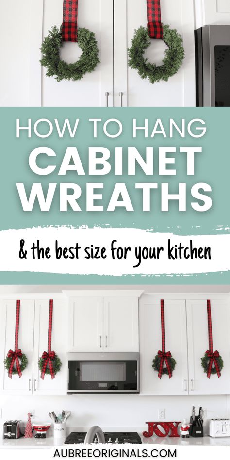 how to hang cabinet wreaths for Christmas Pinterest pin image Wreath Over Kitchen Sink, Small Christmas Wreaths On Cabinets, Wreath Above Stove Vent Hood, Christmas Bows On Cupboards, Kitchen Cabinet Door Wreaths, Wreath Above Sink, Little Wreaths On Cabinets, Christmas Wreath For Kitchen Cabinets, Bows For Cabinet Doors