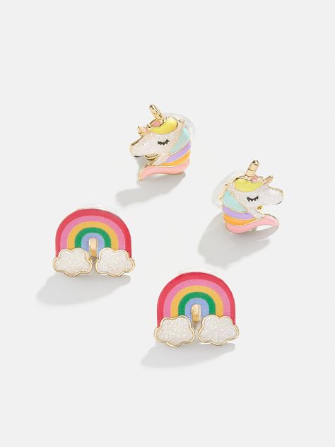 A reminder of all of their favorite things, the Rainbows and Unicorns Kids' Earring Set is sure to make them smile. This set comes complete with one set of unicorn earrings and one set of rainbow earrings. Please note: intended for children 3+ Kid Earrings, Unicorn Hair Clip, Unicorn Things, Kids Studs, Earrings For Kids, Rainbows And Unicorns, Earrings Kids, Kids Jewellery, Jewelry Kids