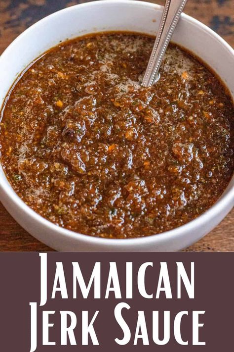 Jamaican Jerk Sauce is a spicy sauce that can be used as a marinade or to spice up any dish. If you want to bring a taste of the islands to your dish, this recipe is a must try! Carribean Jerk Seasoning, Jerk Spice Recipe, Carribean Jerk Sauce, Jamaican Sauce Recipe, Diy Jerk Seasoning, Authentic Jerk Marinade, Homemade Jerk Sauce, Jamaican Allspice Recipe, Pineapple Jerk Sauce