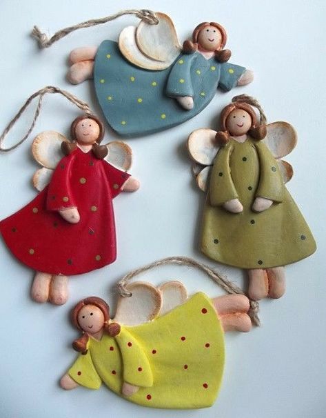 Polymer Clay Angel, Pottery Angels, Clay Christmas Decorations, Ceramic Christmas Decorations, Pottery Ornaments, ดินปั้น Polymer Clay, Polymer Clay Ornaments, Clay Fairies, Ceramic Angels