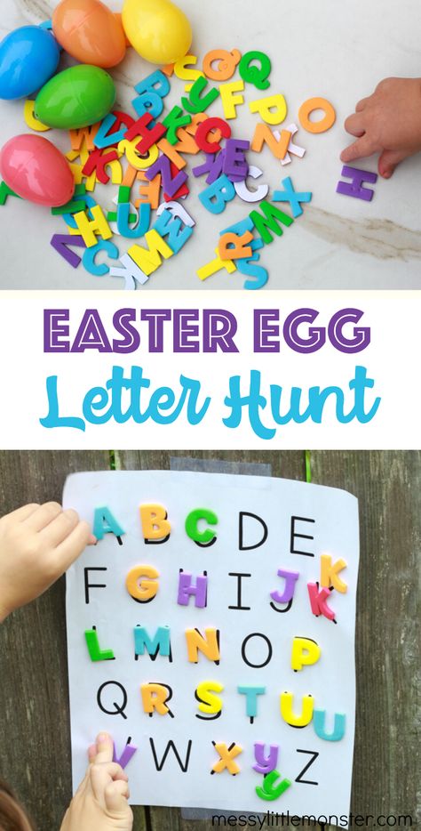 Easter egg letter hunt for kids. A fun Easter activity with alphabet printable. Letter Hunt, Easter Activity, Easter Preschool, Easter Activities For Kids, Spring Preschool, Toddler Easter, Easter Activities, Toddler Learning Activities, Easter Crafts For Kids