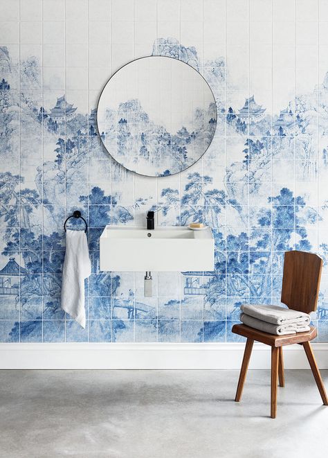 'Ming Mountain Scenic China Blue' Ceramic tile murals Bathroom Mural, Latest Interior Design Trends, Latest Interior Design, Tile Murals, Blue China, Design Concepts, Interior Design Trends, Delft, Bathroom Inspiration