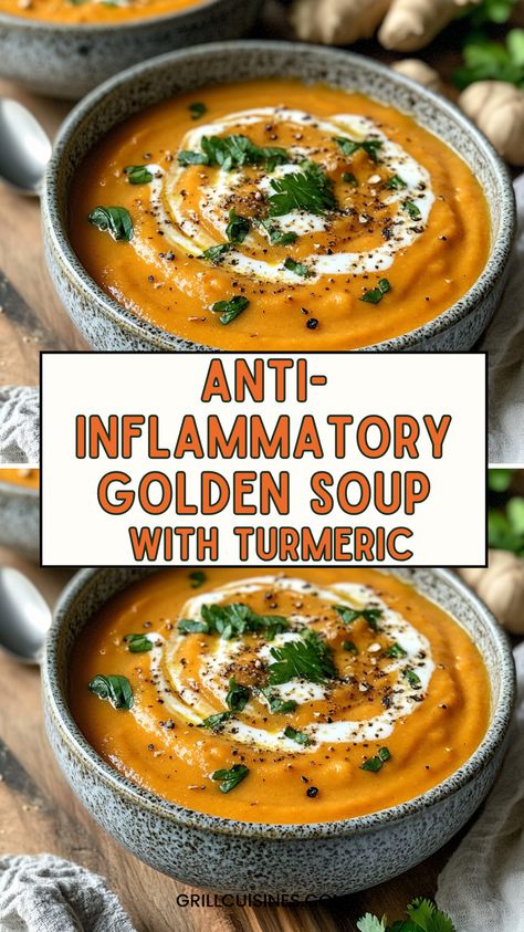 This healthy anti-inflammatory golden soup recipe is best for detox and flush out the body toxins. this Inflammation Diet Recipes is gluten free, dairy free, and vegan friendly. Swank Diet Recipes, Hoxsey Diet Recipes, Elimination Diet Soup Recipes, Healthy Soup Recipes Gluten Free, Antiinflammatory Vegetarian Meals, Antioxidant Soup Recipes, Anti Inflammation Paleo Diet, Mucus Free Recipes, Anti Inflammation Diet Before And After