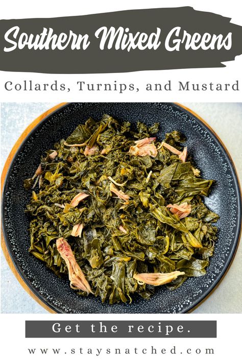 This Mixed Greens recipe features tender and hearty greens including collard greens, kale, turnip greens, and mustard greens. This dish is true to its Southern and soul food roots and combines aromatic spices and seasonings with smoked turkey or ham hocks. Pair this side dish with homemade cornbread and your favorite entrees. Turnip Greens Recipe Southern, Mixed Greens Recipe Soul Food, Southern Mixed Greens Recipe, Turnip Greens Recipe, Mustard And Collard Greens Recipe, Mustard Greens Recipe, Turnip And Mustard Greens Recipe, Crockpot Turnip Greens, Turnip And Mustard Greens Recipe Soul Food