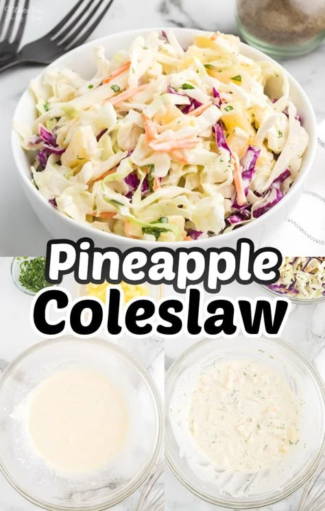 Pineapple coleslaw is the perfect tropical twist on your classic coleslaw recipe. This sweet and tangy side dish is perfect for potlucks, picnics, and cookouts. #recipes Coleslaw With Pineapple, Coslaw Recipes, Lime Coleslaw Recipe, Sweet Coleslaw Recipe, Pineapple Coleslaw Recipe, Classic Coleslaw Recipe, Classic Coleslaw, Pineapple Coleslaw, Best Coleslaw Recipe