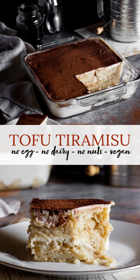 fluffy tofu tiramisu served on a plate and in a casserole Silken Tofu Tiramisu, Non Dairy Tiramisu, Tofu Tiramisu Recipe, Tofu Recipes Sweet, Vegan Coffee Dessert, Tofu Dessert Recipes Vegan, Dairy Free Tiramisu Recipe, Tofu Sweet Recipes, Firm Tofu Dessert Recipes