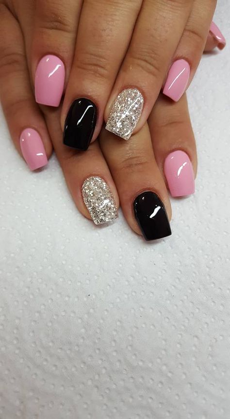 Pink Black And Silver Nails, Black And Pink Nails Short, Light Pink And Black Nails, Pink And Black Nails Short, Black Spring Nails, Black Silver Nails, Light Pink Acrylic Nails, Black Nails With Glitter, Sns Nails Colors