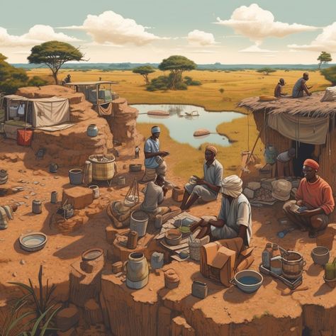 Zambian people making use of old metals to reuse or sell off In their markets. African Village Concept Art, African Village Aesthetic, Tribe Village Concept Art, African Tribe Concept Art, African Folklore, Village Illustration, African City, African Village, Rural Community