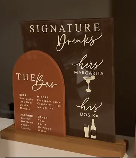 Fall Wedding Bar Ideas, Diy Signature Drink Sign, Wedding Signs Bar, Cricut Wedding Bar Signs, Cocktail Wedding Reception Set Up, Rehearsal Dinner Signage, Wedding Drink Signs, Bourbon Bar Wedding, His And Her Drinks Wedding