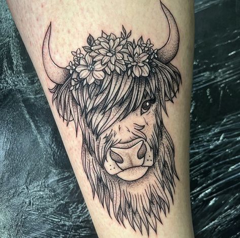 Cow Tattoo Sleeve, Highland Calf Tattoo, Highlander Cow Tattoo, Cow Face Tattoo, Highland Cow Tattoo With Flowers, Flower Crown Tattoo, Highland Cow Tattoo, Cowgirl Tattoos, Cow Tattoo