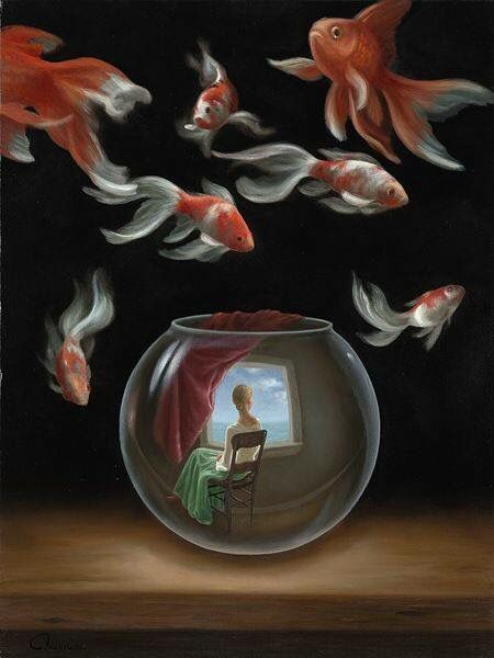 Woman in fishbowl & fish outside bowl surreal at Surealism Art, René Magritte, Soyut Sanat Tabloları, Rene Magritte, Surrealism Painting, Fish Bowl, Pics Art, Surreal Art, Goldfish