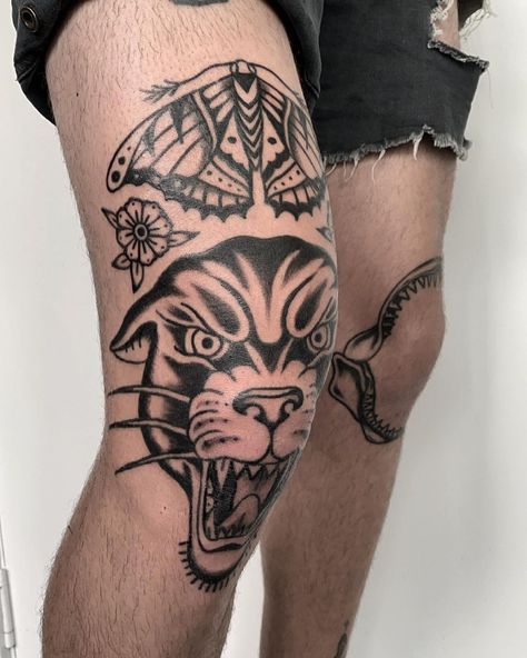 ZARRA RYAN on Instagram: “@bastienjean style panther and moth knee piece for @therealbradleyeuston” Panther Knee Tattoo Traditional, Panther Knee Tattoo, Knee Tattoo Traditional, American Traditional Knee Tattoo, Tiger Tattoo Design, Tattoo Traditional, Knee Tattoo, Traditional Tattoos, Tiger Tattoo