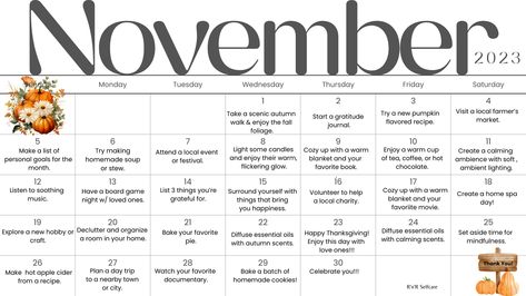 November Self Care, Self Care November, November Activity Calendar For Seniors, November Self Care Challenge, November Self Care Calendar, October Self Care Calendar, 30 Days Of Gratitude November, Stop Being Lazy, Thanksgiving Facts