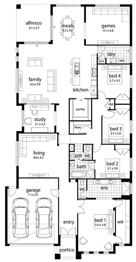 Floor Plan Friday: Large Family Home | Australian house plans, Home design floor plans, House plans Katrina Chambers, Australian House Plans, Modern Family House, Home Design Floor Plans, House Layout Plans, Family House Plans, House With Porch, Australian Homes, New House Plans