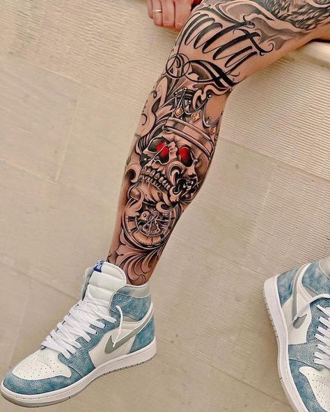 Tattoo Leg Men, Foot Tattoos For Men, Tattoo Pierna Hombre, Leg Tattoo Design, Leg Tattoos For Men, Calf Tattoo Men, Best Leg Tattoos, Audi Interior, Full Leg Tattoos