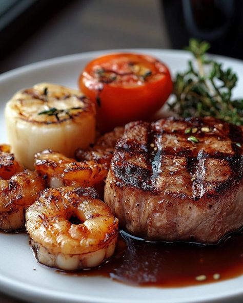 WOULD YOU TRY THIS MOUTHWATERING 🍤 Surf and Turf Delight 🥩? 🥩 A perfect dinner that combines the juiciness of ribeye steak with succulent garlic butter shrimp, satisfying all your cravings! 🍅 Ingredients 🍅 - 2 prime ribeye steaks, about 1-inch thick - 1 pound shrimp, peeled and deveined - 2 tablespoons olive oil - Salt and freshly ground black pepper, to taste For the Garlic Butter: - 4 tablespoons unsalted butter - 4 cloves garlic, minced - 1 tablespoon freshly chopped parsley - ... Fresh Dinners, Parsley Sauce, Cravings Food, Rich Food, Garlic Butter Shrimp, Surf And Turf, Butter Shrimp, Perfect Dinner, Food Babe