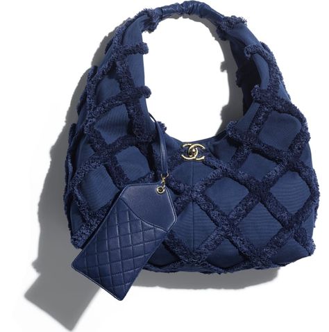 Large Hobo Bag, cotton canvas, calfskin & gold-tone metal, navy blue - CHANEL Sacs Tote Bags, Large Hobo Bag, Luxury Bags Collection, Luxury Purses, Fancy Bags, Pretty Bags, Chanel Fashion, Cute Bags, Balenciaga City Bag