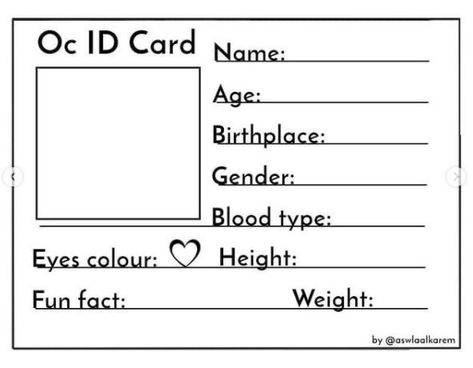 Oc Id Card, Character Sheet Writing, Girl Digital Art, About Me Template, Character Sheet Template, Materi Bahasa Jepang, Art Style Challenge, Drawing Ideas List, Character Template