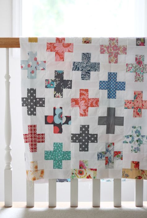 Swiss Cross Quilt, Plus Sign Quilt, Simple Modern Quilt Patterns, Baby Boy Quilt Patterns, Owl Quilts, Boys Quilt Patterns, Plus Quilt, Cross Quilt, Modern Baby Quilt