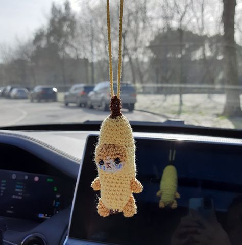 Rear view mirror cute crochet hanging bananacat meme Handmade accessory banana cat charm unique keychain Friendship gift Crochet Hanging For Car, Crochet Ideas For Father’s Day, Free Crochet Car Decor Patterns, Crochet Projects For Car, Crochet Car Charm Pattern Free, Crochet Mirror Charm, Crochet Gift Ideas For Dad, Car Mirror Hangers Crochet, Crochet Best Friend Gifts