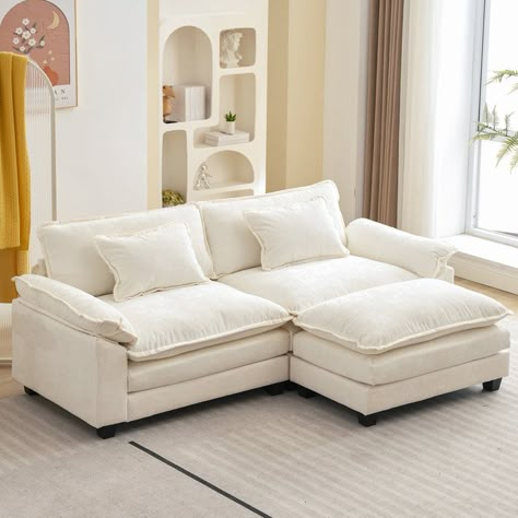 College Apartment Furniture, Room Ideas With Couch, Small Couches For Bedrooms, Cozy White Couch, Sofa In Bedroom Ideas, Tennessee Bedroom, Cloud Couch Sectional, Bedroom Couches, Tiny Sofa