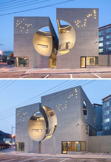 Visit South Korea, Unusual Buildings, Architecture Design Concept, Unique Buildings, House Front Design, Unique Architecture, Building Exterior, Facade Architecture, Sustainable Architecture