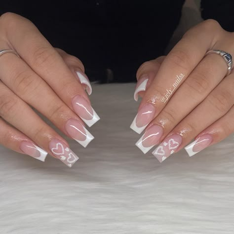 Simple Birthday Nails Coffin, Med French Tip Acrylic Nails, Nail Inspo Gel X Square, White Nails Pink Accent, White Vday Nails, Girly Acrylic Nails French Tip, Cute Simple Nails Square, Nails For 14th Birthday, Nail Ideas Coffin Shape