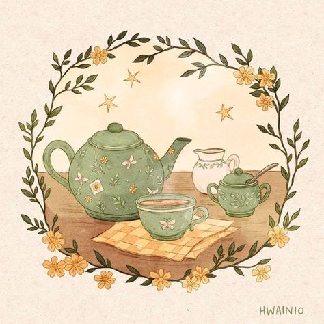 Teapot Drawing, Cozy Art, Cottagecore Art, Whimsical Art, Cute Illustration, Tea Pot, Art Drawings Sketches, 그림 그리기, Pretty Art