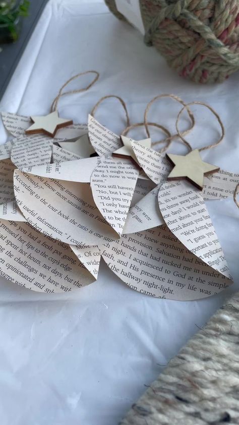 Christmas Ornaments Made From Old Books, Ornaments Out Of Book Pages, Book Page Angel Diy, Paper Christmas Tree Ornaments Diy, Old Book Pages Crafts Christmas, Christmas Tree Angels To Make, Crafts Using Old Hymnal Pages, Angel Christmas Decor, Christmas Book Page Crafts