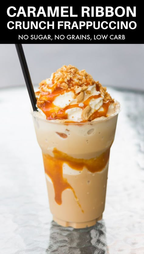 Caramel Ribbon Crunch Frappuccino Recipe, Caramel Ribbon Crunch Frappuccino, Ribbon Crunch Frappuccino, Frappe Recipes, Frappuccino Recipes, Caramel Ribbon Crunch, Keto Beverages, Low Carb Starbucks, Homemade Coffee Drinks