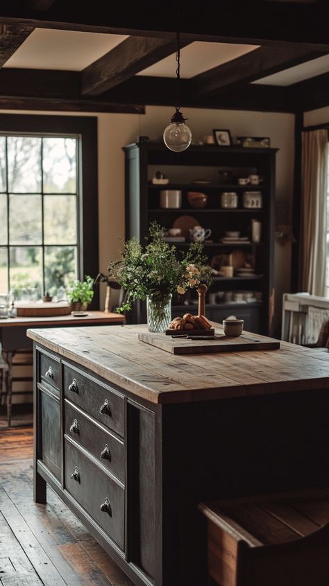 37 Brilliant Kitchen Island Concepts Vintage Kitchen Islands, Kitchen Island Dark Wood, Sinks In Kitchen Island, Bakers Table Kitchen Island, Kitchen Island Cottage, Craftsman Kitchen Island, Dark Wood Kitchen Island, Old Rustic Kitchen, Rustic Industrial Kitchen Design