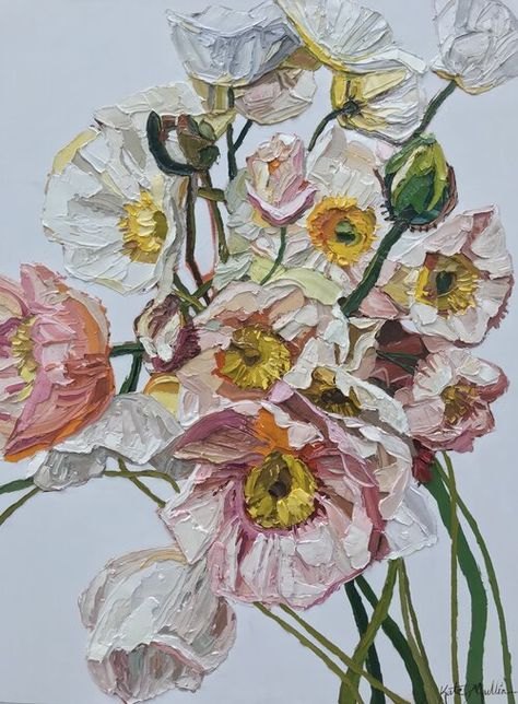 Kate Mullin- Oil Florals Texture Flowers, Floral Paintings Acrylic, Thick Paint, Painted Florals, Painterly Floral, Paint Texture, Barn Painting, Floral Oil Paintings, Painting Collage