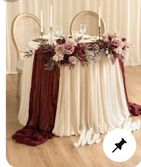 Sweetheart Table Florals, Vendela Roses, Avalanche Rose, Sweetheart Table Flowers, Sweet Heart Table, Gold And Burgundy Wedding, Willow Eucalyptus, Farm Wedding Reception, Table Swag