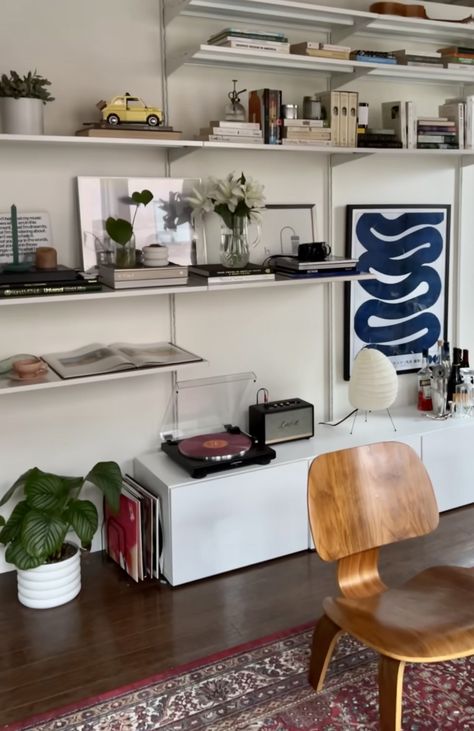 Boaxel Ikea Tv, Track Shelves Living Room, Apartment Feature Wall, Boaxel Ikea Living Room, Boaxel Ikea Ideas Living Room, Ikea Boaxel Bookshelf, Gallery Wall With Shelves Living Room, Ikea Boaxel Living Room, Boaxel Living Room