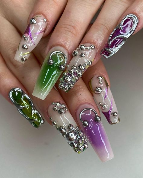 🪩🐊🔗🔮 Green x Purple freestyle for Lesly ⭐️ Using Cashmere @thegelbottlefrance, Deep Lavender & Rosy Grass @victoriavynn GelX tips… | Instagram Dark Green And Purple Nails, Lavender And Green Nails, Green And Purple Nail Designs, Purple And Green Nails Acrylic, Purple And Green Nails Design, Nails Purple And Green, Green Purple Nails, Purple Green Nails, Green And Purple Nails