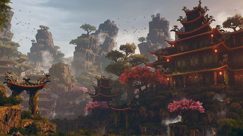 Michał Baca talked about his Japanese Fantasy Environment made for the recent ArtStation Challenge: blockout, rock and vegetation workflows in ZBrush and 3ds Max, lighting in UE4. Asian Temple, Fantasy Environment, Japan Landscape, Japanese Castle, Fantasy Decor, Fantasy Background, Landscape Concept, Fantasy City, Fantasy Setting