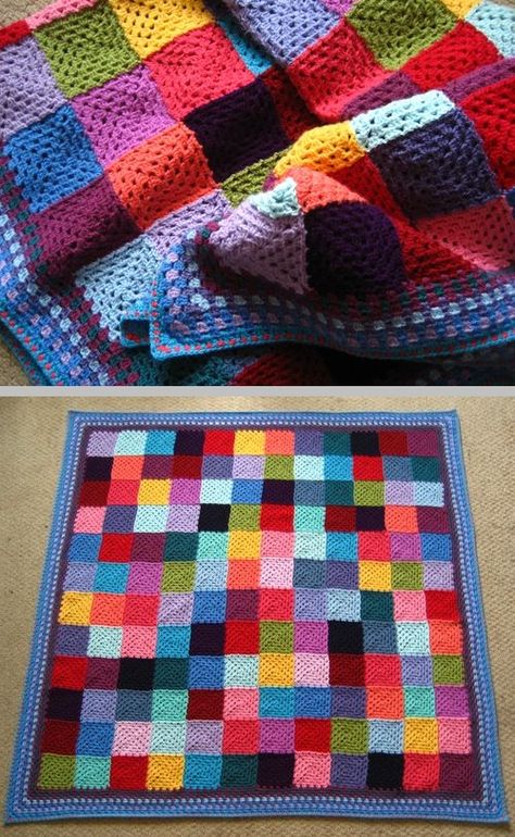 Lucy's Granny Patchwork blanket ~ Scrap yarn classic granny squares with a pretty border. #crochet #afghan #throw  #attic24 Knitted Blanket Squares, Crochet Squares Afghan, Crocheted Blanket, Scrap Yarn, Patchwork Blanket, Crochet Blanket Afghan, Crochet Granny Square Blanket, Crochet Granny Square, Crochet Square Patterns