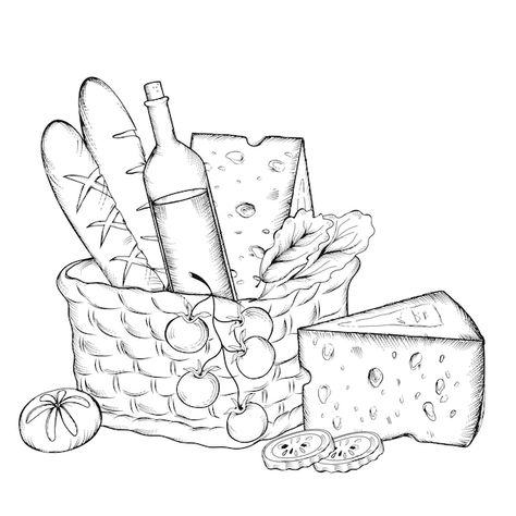 Bread Basket Drawing, How To Draw A Basket, Picnic Basket Drawing, Picnic Sketch, Countryside Sketch, Picnic Drawing, Wine Sketch, Bread Drawing, Wine Drawing